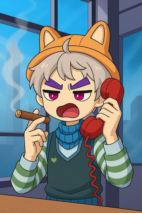 Chibi-style anime character with purple eyes wearing an orange cat-ear hood and striped sweater, angrily talking on a red telephone while smoking a cigar.