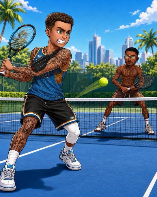 A cartoon-style illustration of two tattooed tennis players on a blue court, with a city skyline and palm trees in the background.