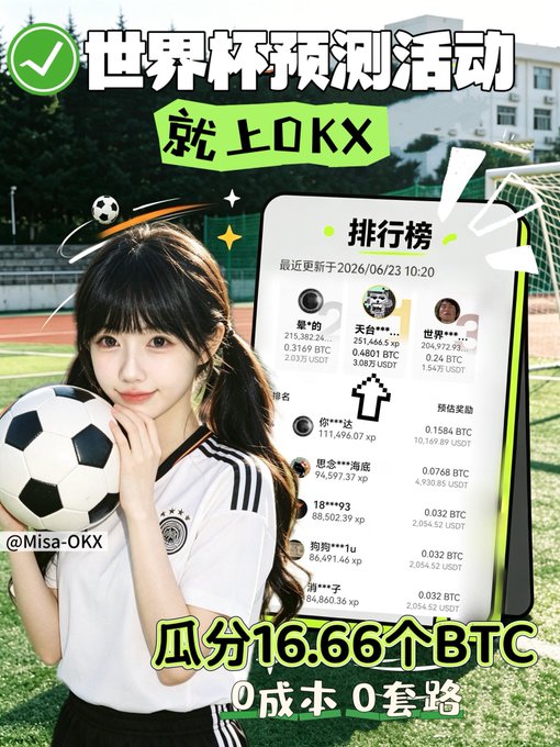 The image features a woman wearing a white shirt holding a soccer ball, with an advertisement for a betting game related to the World Cup. The text of the advertisement includes Chinese characters that translate to "OKX Prediction Event Simple Tutorial If you still don' t get it after reading, please DM me Misa will walk you through it step by step". This suggests that the image is promoting a betting event or tutorial for the World Cup and is likely targeting a Chinese audience.