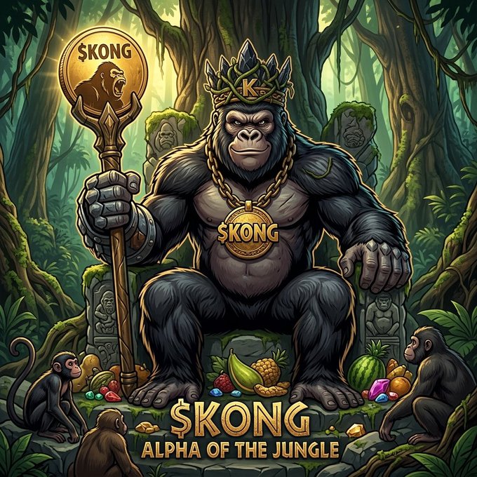 A powerful crowned gorilla sits on a throne in the jungle, holding a scepter topped with a "$KONG" coin, wearing a matching "$KONG" medallion, and surrounded by fruits, gems, and smaller monkeys—visually presenting "$KONG: Alpha of the Jungle" as the dominant meme token of its realm, in line with the post promoting the $KONG community and entry call.