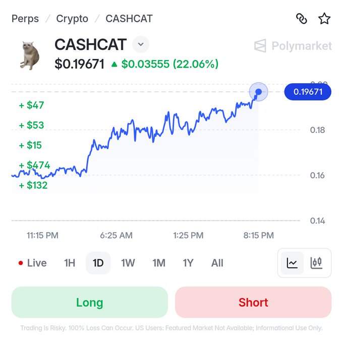 A trading interface displays the CASHCAT crypto perps chart showing a current price of $0.19671, up $0.03555 (22.06%), with a blue upward-trending price line over the 1D timeframe, visually confirming the post's claim that "Cash Cat soars +22%."