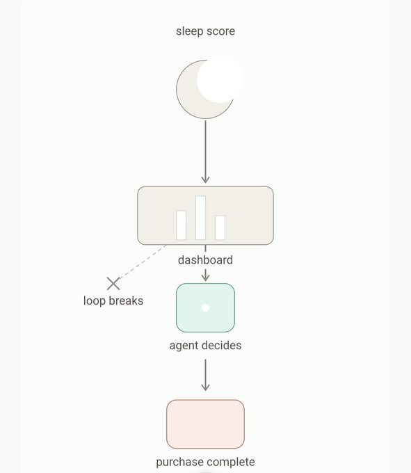 A flowchart diagram showing a process flow from 'sleep score' to 'dashboard' to 'agent decides' to 'purchase complete,' with a 'loop breaks' annotation connecting the dashboard step back to an earlier node.