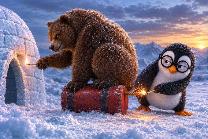 A whimsical animated scene of a brown bear and a bespectacled penguin lighting a sparkler near an igloo, with a red barrel and snowy mountains in the background.
