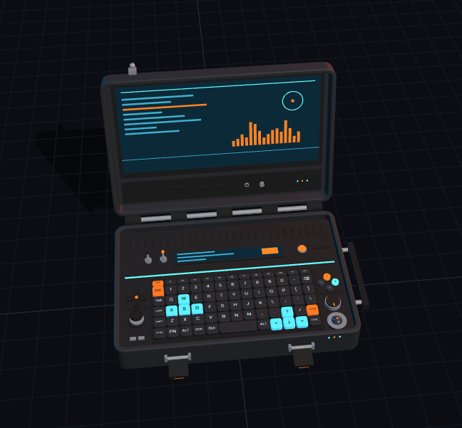 A futuristic-looking electronic device with a screen displaying charts and graphs, featuring a colorful keyboard.
