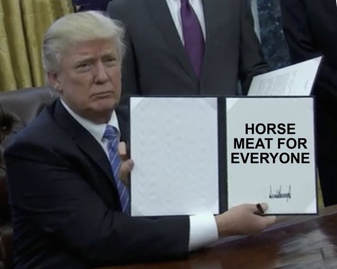 Donald Trump holds up a signed document titled "HORSE MEAT FOR EVERYONE" in what appears to be the Oval Office, used as a satirical meme mockingly comparing the poster's hyped "$orbit" trade to a dubious "signing into law" moment.