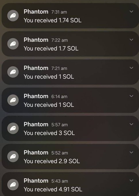 A smartphone screen showing multiple Phantom wallet notifications of SOL crypto deposits, including amounts like 1.74, 1.7, 1, 1, 3, 2.9, and 4.91 SOL received at various early morning times. The image appears to support a giveaway post promising free SOL tokens to users who engage with the post by following, liking, commenting, and retweeting.