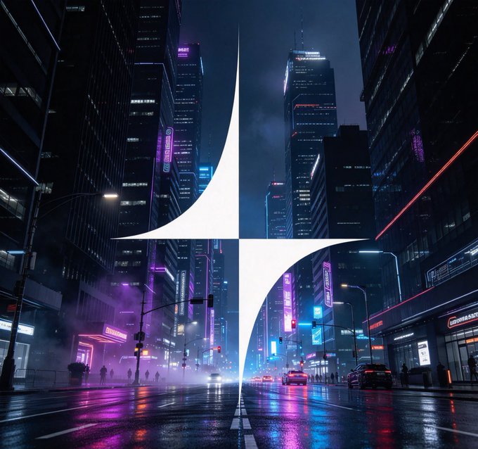 A futuristic neon-lit cityscape at night with towering skyscrapers and glowing purple and blue lights, featuring a prominent white four-pointed star shape overlaid in the center.