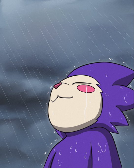 A cartoon illustration of a character with purple hair and a purple hoodie smiling contentedly while rain falls around them against a dark, cloudy sky.
