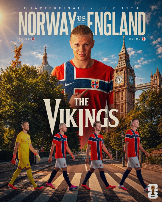 FIFA promotional poster for the Quarterfinals match Norway vs England on July 11th, featuring Erling Haaland in a Norway kit with 'THE VIKINGS' text and a Beatles Abbey Road-style player lineup.