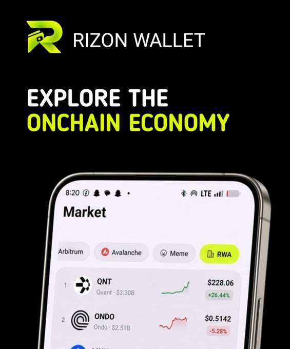 A promotional advertisement for Rizon Wallet featuring the tagline 'EXPLORE THE ONCHAIN ECONOMY' above a smartphone screen displaying a Market tab with categories like Arbitrum, Avalanche, Meme, and RWA, along with token listings including QNT ($228.06, +26.44%) and ONDO ($0.5142, -5.28%).