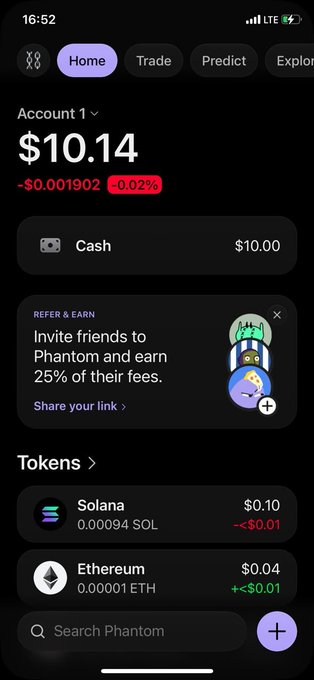 A screenshot of a Phantom crypto wallet showing a $10.14 balance with a Cash position of $10.00 and small holdings of Solana ($0.10) and Ethereum ($0.04). The wallet display supports the post's request for a Solana ($SOL) address to send crypto to.