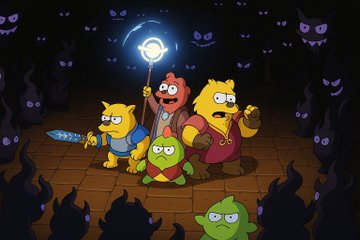 A group of Simpsons-style characters huddle together in a dark, monster-filled dungeon, with one holding a glowing staff as they face a goblin enemy, visually echoing the post's theme of pushing through challenges and "monsters" by building healthy sleep habits through @sleepagotchi's reward-based system.