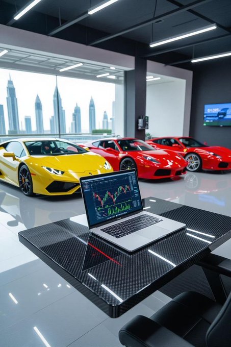 A modern showroom displaying a yellow Lamborghini and red sports cars with a laptop showing financial graphs on a carbon fiber table in the foreground.