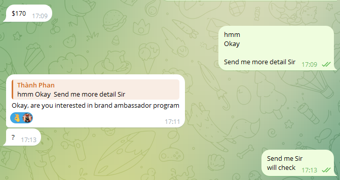 A chat conversation in English where a user named 'Thành Phan' responds to messages and asks if the recipient is interested in a 'brand ambassador program'.