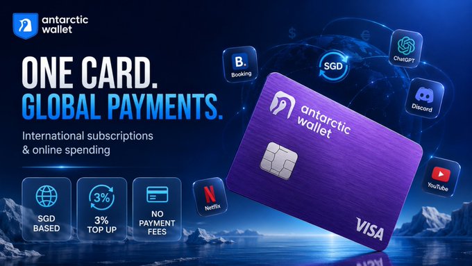 A promotional advertisement for 'Antarctic Wallet' featuring a purple card that says 'ONE CARD. GLOBAL PAYMENTS.' with logos for Booking, ChatGPT, Discord, Netflix, and YouTube.