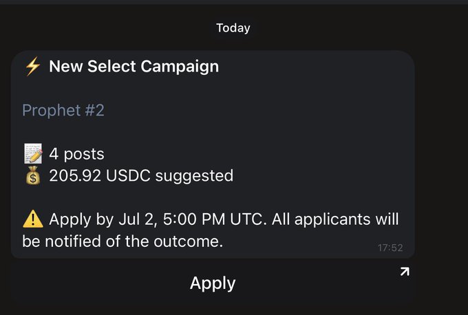 A notification on what appears to be Wallchain shows a new "Prophet #2" Select Campaign offering 205.92 USDC for 4 posts, with an application deadline of July 2, 5:00 PM UTC. This aligns with the post claiming Wallchain offered them around $200 for 4 posts.