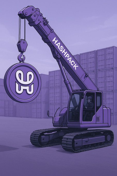 The image features a purple crane with the word "HASHBACK" written on its side, positioned over a large warehouse filled with shipping containers. The crane appears to be lifting one of these shipping containers into the air or hoisting another onto the truck below.