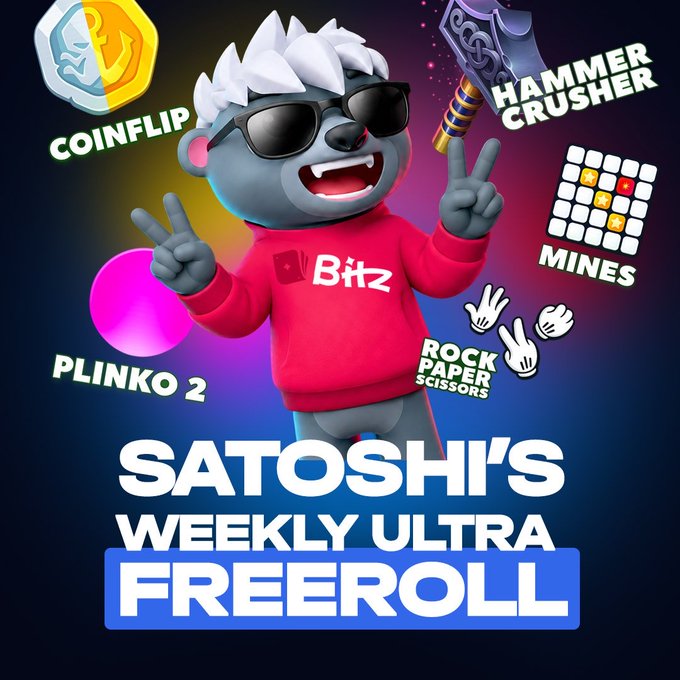 A colorful promotional graphic for 'SATOSHI'S WEEKLY ULTRA FREEROLL' featuring a 3D animated grey animal mascot wearing sunglasses and a 'Bitz' hoodie, surrounded by icons for games like 'COINFLIP', 'HAMMER CRUSHER', and 'MINES'.