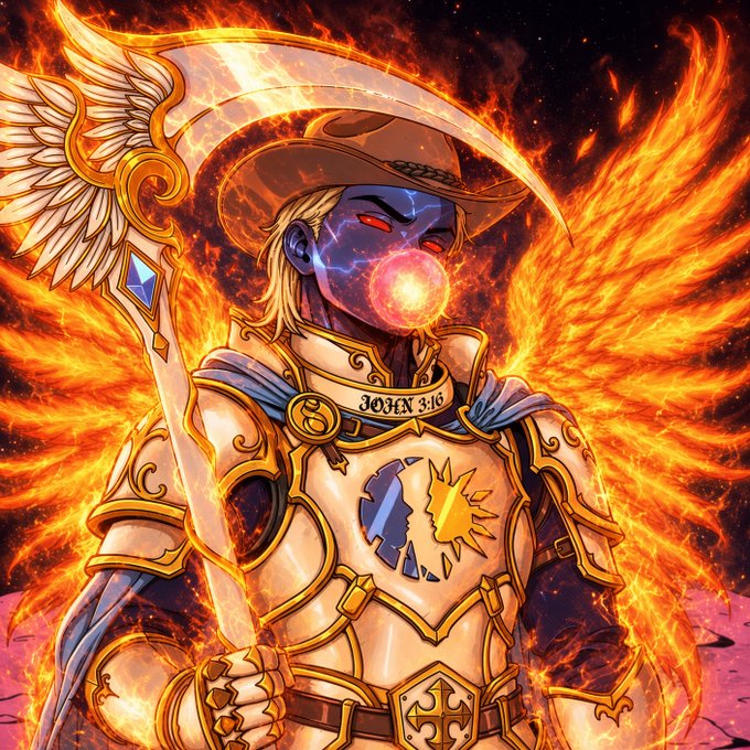 An elaborate digital illustration of an armored warrior wearing a cowboy hat and a chest plate labeled 'JOHN 3:16' with a sun/moon emblem, holding a golden scythe with angel wings amid dramatic fiery wings.