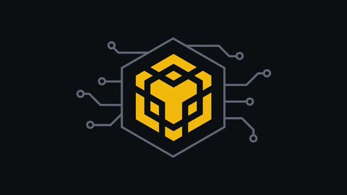 A digital graphic showing a yellow geometric BNB (Binance Coin) logo inside a gray hexagonal frame with circuit-board-style lines extending outward against a dark background.
