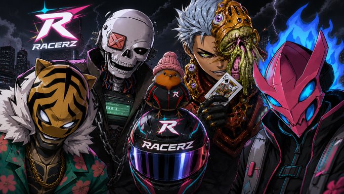 Anime/manga-style artwork for 'RACERZ' showcases edgy characters including a tiger-masked figure, skull-headed biker, demon, and pink-armored character with a Racerz helmet in the center.