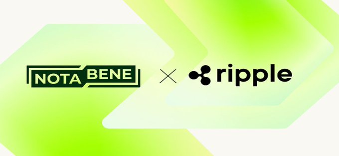 A promotional banner announcing a collaboration between 'NOTA BENE' and 'ripple' displayed on a green and white gradient background with arrow designs.