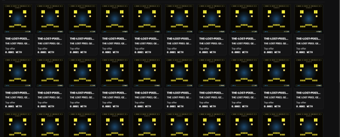 A grid display of multiple NFT listings for 'THE-LOST-PIXEL-GE...' collection, with each tile showing a price of 0.0001 ETH against a dark background with yellow pixelated characters.