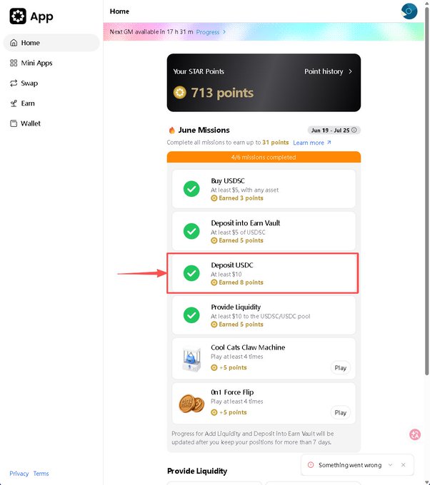 A screenshot of the Startale app's Home page displays the June Missions section, with a red arrow highlighting the completed "Deposit USDC" task worth 8 points for transferring at least $10 USDC. The user's current STAR points balance of 713 is shown at the top, illustrating the zero-effort airdrop farming opportunity described in the tweet.
