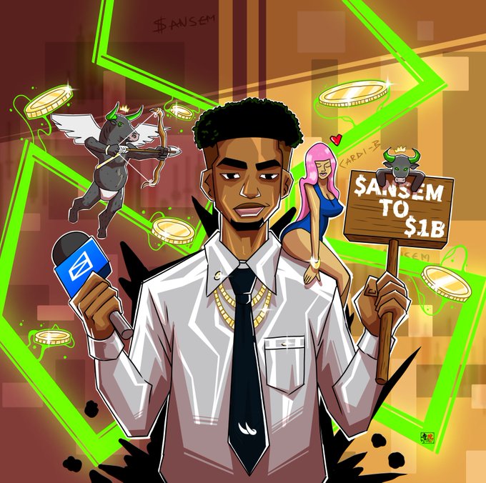 An animated illustration of a man in a white shirt and black tie holding a microphone and a '$ANSΞM TO $1B' sign, accompanied by a winged Minotaur cupid, a pink-haired figure, and floating gold coins.