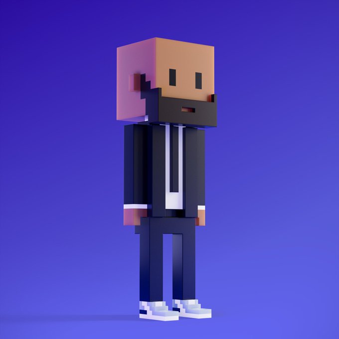 A voxel-style 3D character of a bearded man in a suit stands against a blue background, representing the "Meebin" mascot featured in the "Happy Meebin Monday" post.