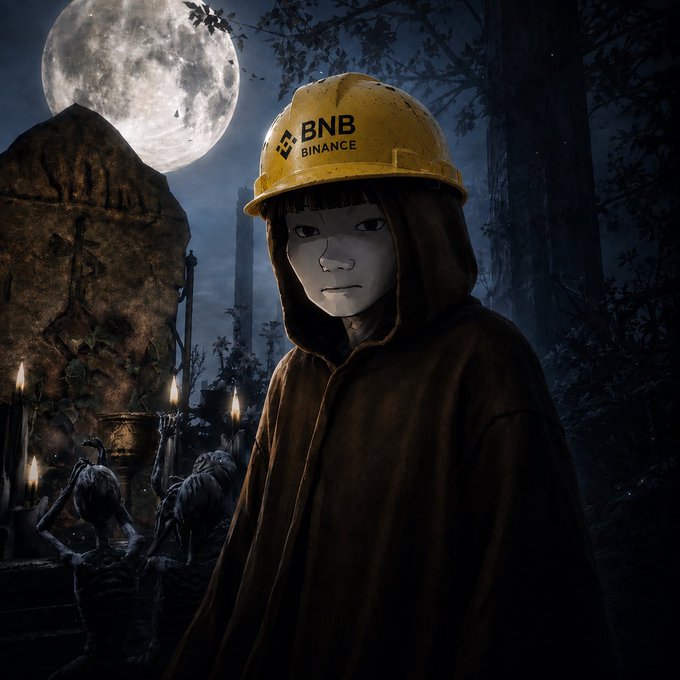 A figure in a dark hooded cloak wears a yellow construction hard hat emblazoned with "BNB BINANCE" against a haunting moonlit backdrop, visually embodying the post's message that "real builders wear hard hats" for Binance and its founder.