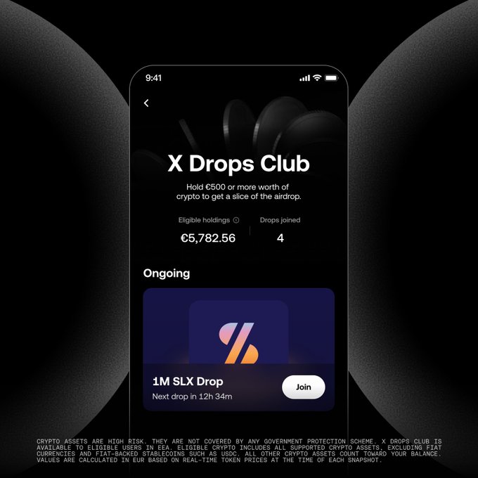 A smartphone screen displays the 'X Drops Club' interface, showing eligible holdings of €5,782.56, 4 drops joined, and an ongoing '1M $LX Drop' with a 'Join' button.