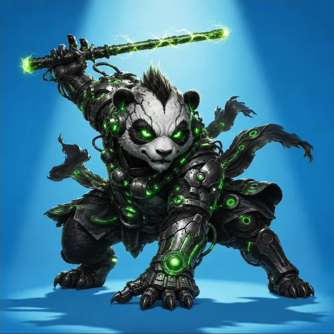 The image features a panda character with green eyes, dressed as a robot or machine-like creature, holding a sword and standing on its hind legs. The panda appears to be in a fighting stance, ready for battle. The background is blue, which contrasts with the panda's metallic appearance. The post also mentions that the image was created by @SafemoonYolo, an influencer or content creator known for their unique and creative style.