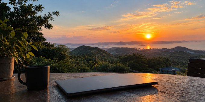 A scenic sunrise over a mountainous coastline viewed from a stone ledge, with a black mug and closed laptop in the foreground.