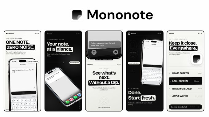 A promotional graphic for 'Mononote' showing five iPhone screenshots advertising features like 'ONE NOTE. ZERO NOISE.', 'Your note, at a glance.', 'See what's next. Without a tap.', 'Done. Start fresh.', and 'Keep it close. Everywhere.', with compatibility for Home Screen, Lock Screen, Dynamic Island, and Apple Watch.