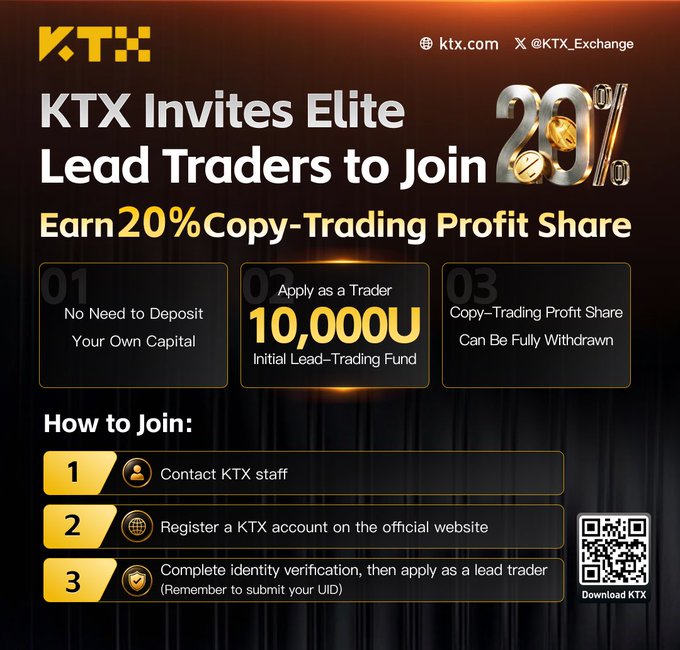 The focus of this poster is about joining an exclusive trading program offered by KTX Trading. It features a gold background with black text that outlines the details of the program, including the opportunity for traders to join as a lead trader who will share 20% of the profits and be allowed to copy-trading without paying any deposit or capital. The poster also includes images of a gold coin symbolizing the potential gains from participating in this program. It's positioned on the upper right side of the screen, emphasizing its importance for traders interested in joining this exclusive opportunity.