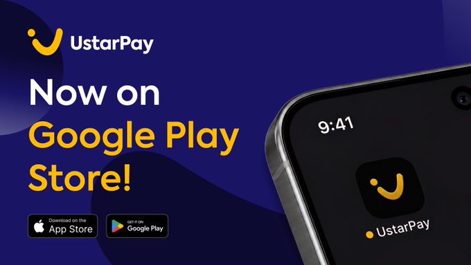 A promotional banner for UstarPay announcing 'Now on Google Play Store!' with the UstarPay logo, available download badges for App Store and Google Play, and a smartphone displaying the UstarPay app icon on the right.