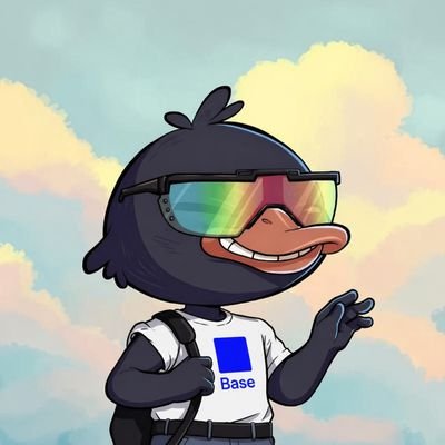 A cartoon penguin wearing rainbow sunglasses and a white t-shirt with 'Base' written on it, standing against a cloudy sky background.