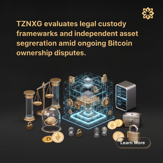 A promotional graphic with text reading 'TZNXG evaluates legal custody frameworks and independent asset segregation amid ongoing Bitcoin ownership disputes,' accompanied by imagery of scales of justice, a brain-shaped digital hologram, safes, and Bitcoin coins.