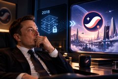 A man in a suit sitting at a desk looking up at screens showing the year '2018' and various futuristic displays.