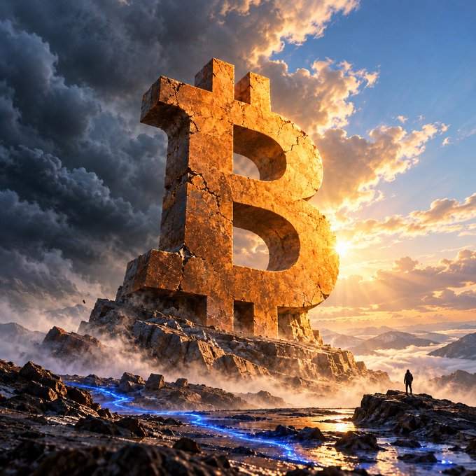 A massive weathered Bitcoin symbol monument rises from a rocky landscape at sunset, with a lone figure standing before it and blue streams flowing across the foreground terrain, visually reinforcing the post's message about Bitcoin's enduring strength through volatility. The "₿" ticker connects directly to the iconic cryptocurrency symbol towering in the scene.