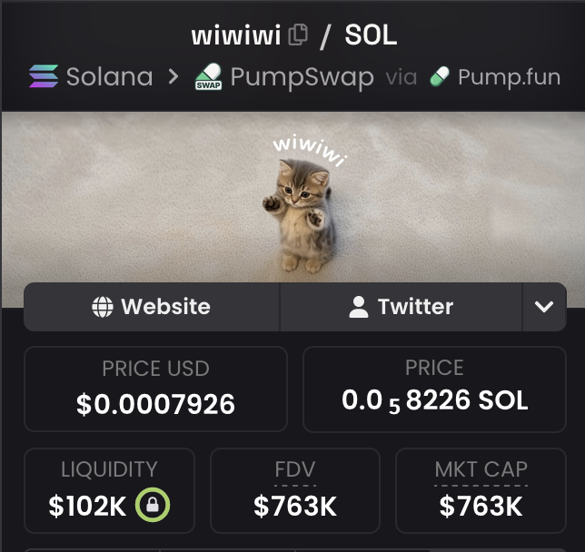 A screenshot of the $wiwiwi token on Solana, showing a price of $0.0007926 (0.000058226 SOL) with $102K liquidity and a $763K market cap, traded on PumpSwap via Pump.fun. The poster's bullish claim of an early "hunch" paying off aligns with the token's active trading metrics shown on the page.