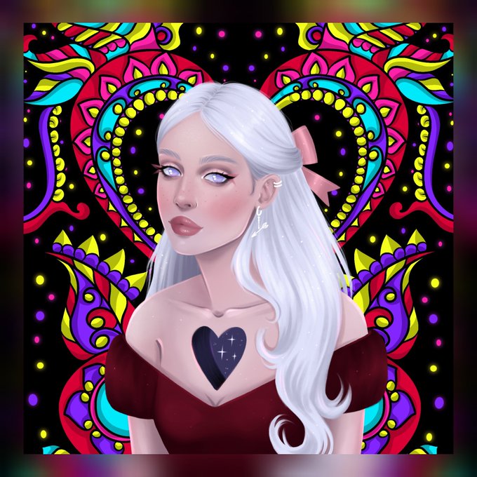 Digital illustration of a pale woman with long white hair, a black heart on her chest, and a pink ribbon, set against a vibrant, psychedelic background featuring a large heart outlined in yellow dots.