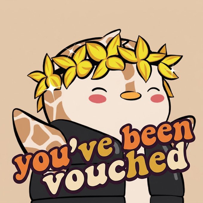 A cute cartoon bird character wearing a yellow leafy crown and dark cloak appears with the text 'you've been vouched' in stylized orange and white lettering.