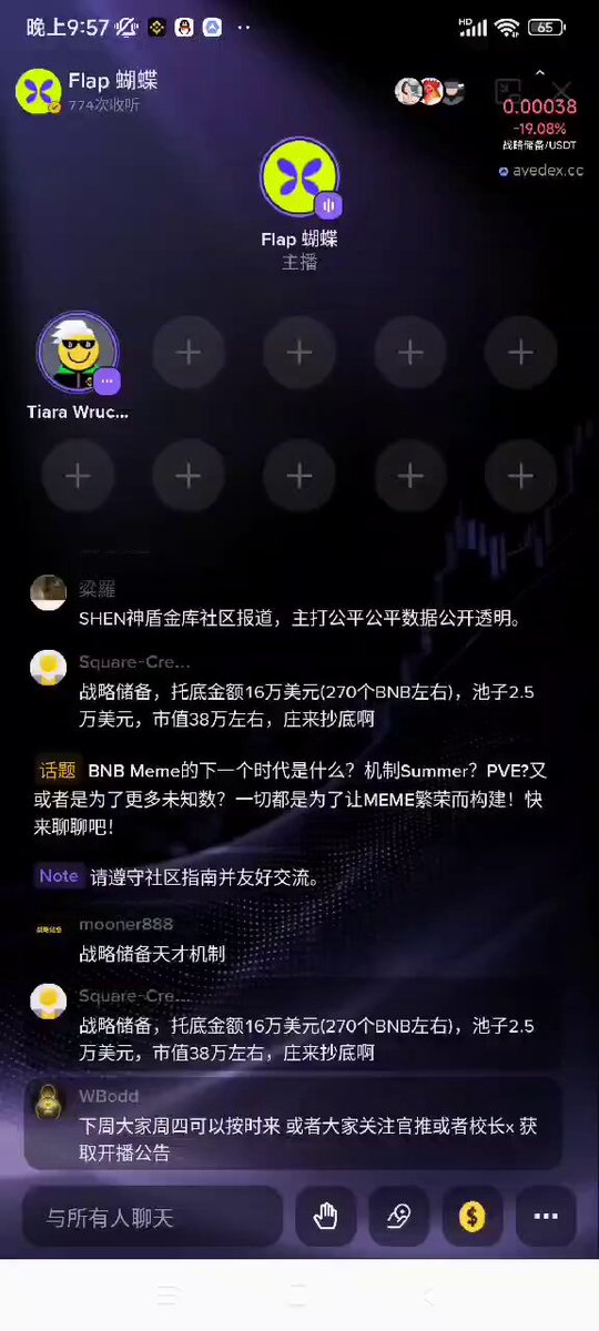 Screenshot of a Telegram group chat titled "Flap 蝴蝶" where "Square-Cre..." promotes a project called "SHEN神盾金库" (mentioned in the post about a community reporting channel focusing on fairness and transparency), and a user "WBodd" provides the text "下周大家周四可以按时来 或者大家关注官推或者校长xx 获 取开播公告" and others discuss token price/strategy numbers like 16万美元托底金额 (270个BNB), 2.5万美元池子 and 38万市值, with a token price of 0.00038 USDT shown.