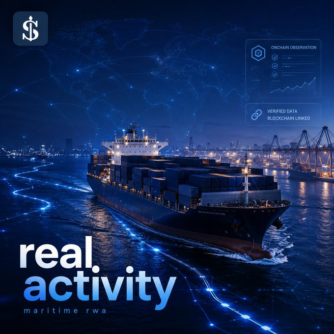 A promotional graphic for a maritime real-world asset (RWA) project featuring a cargo ship at night with the text 'real activity' and 'ONCHAIN OBSERVATION / VERIFIED DATA BLOCKCHAIN LINKED'.
