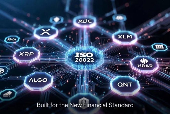 A futuristic digital graphic displays "ISO 20022" at the center, surrounded by glowing hexagonal nodes featuring cryptocurrency tickers (XRP, XLM, XDC, ALGO, HBAR, QNT, RWA) interconnected by luminous network lines, with the tagline "Built for the New Financial Standard" at the bottom.