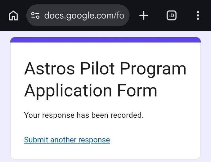 The image shows an application form for the Astros Pilot Program, which is a program that helps pilots improve their skills through various training exercises. The form has been sent via email, and there's a message asking if someone else would like to submit their application as well.