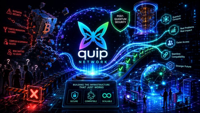 The image features a large poster with a futuristic, digital scene dominated by blue and green colors. The main focus of the poster is a logo for Quip Network that stands out prominently against this backdrop. Below the network logo, there are various text elements providing information about Quip and its purpose in the digital landscape. 

The post's message suggests that people seem to be missing the point when it comes to quantum and crypto discussions. Instead of focusing on real security measures or understanding how these technologies work, many individuals are engaging in debates around concepts like freezing funds for Bitcoin or extreme ideas about virtual assets' security. It is crucial to concentrate on the actual content provided by Quip Network and learn from its insights rather than getting caught up in speculative or unrelated topics.