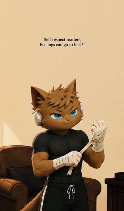 An anime-style illustration of a muscular cat-boy with brown fur and blue eyes, wearing headphones and hand wraps, holding a stick, with the text 'Self respect matters, Feelings can go to hell !!' above him.